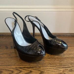 New! Sergio Rossi platform slingback heel in black lizzard. Size 38.5.